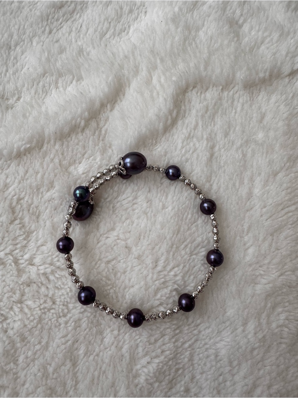 Elegant Dark Purple Pearl and Silver Bead Stretch Bangle